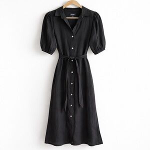 Karen Kane Black Linen Midi Shirt Dress Belted S Puff Sleeve Button Front  NWOT